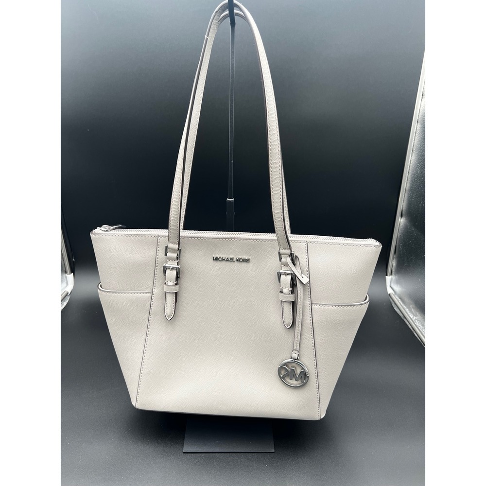 Michael Kors Charlotte Large Top Zip Tote Bag Gray Saffiano Leather Silver Logo